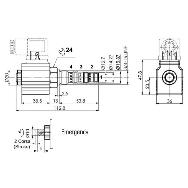08 4/3-way cartridge valve, 18 Ltr, 24 V DC