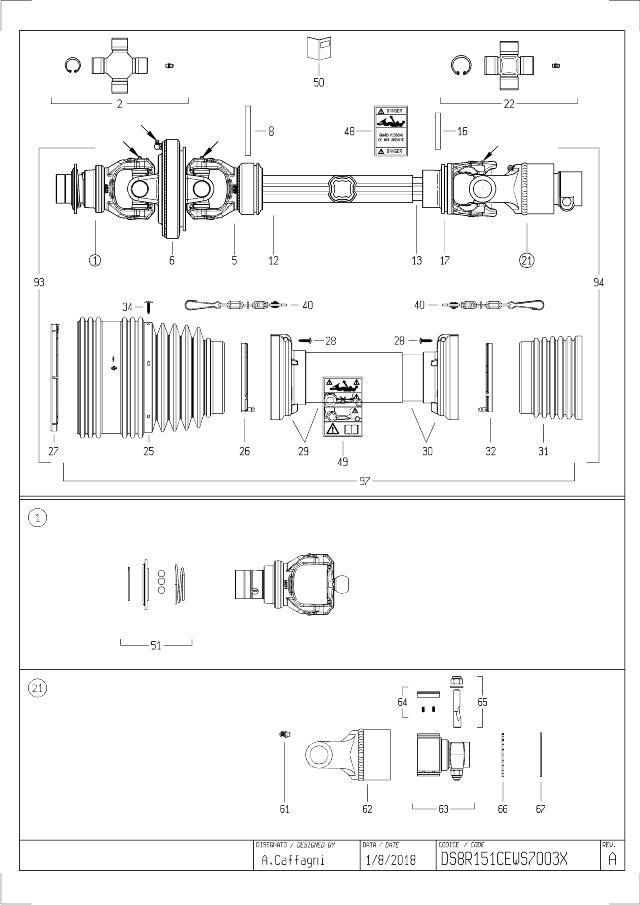 S8 80° Vidvinkel PTO Aksel 1510mm - 1 3/8 Z6 Gaffel med kuglelås x 1 3/4 Z20 RA2 DX - Friløbskobling (højre) med kilebolt