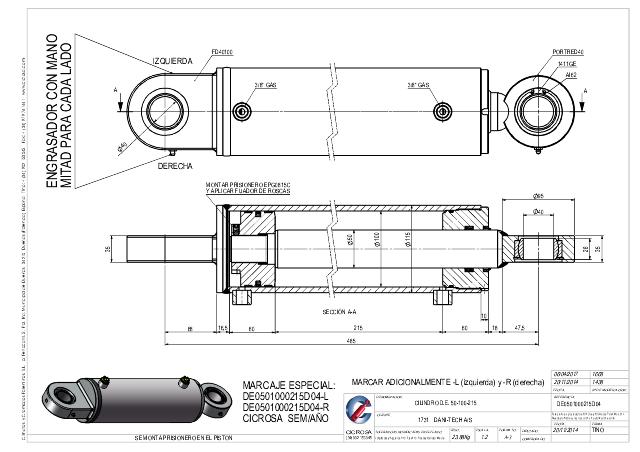 Dobbeltvirkende hydraulikcylinder 100/50 x 215 mm ledøje Ø40 mm smørenippel venstre