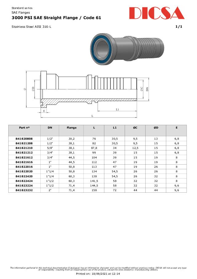 SAE 3000 Indstik Lige Flange - AISI 316L