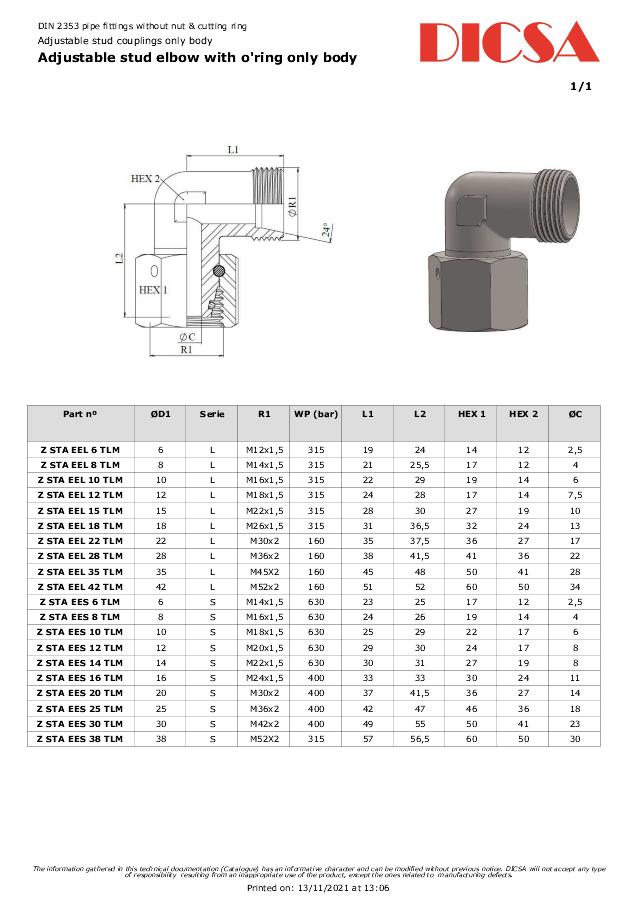 Vinkel samler  med O-ring (formonteret) - AISI 316L