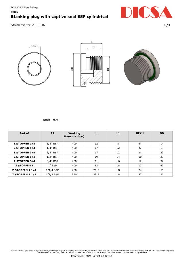 Blindprop med tætningsring  - AISI 316