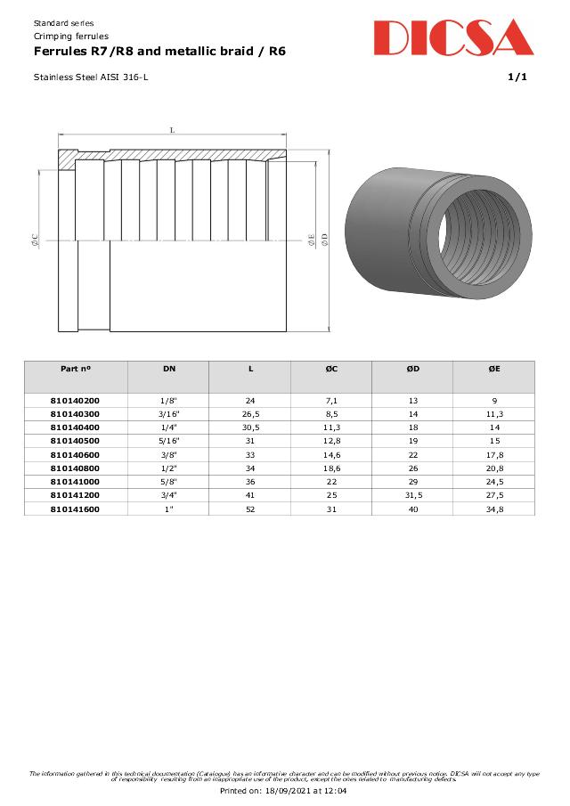 Hylse R7/R8/1SC - AISI 316L