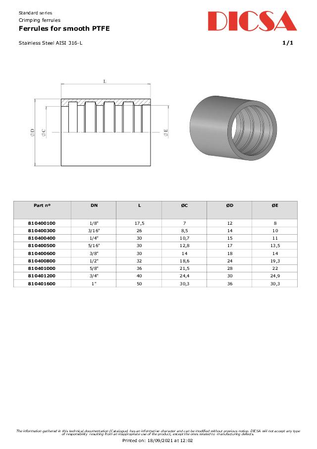 Hylse PFTE - AISI 316L