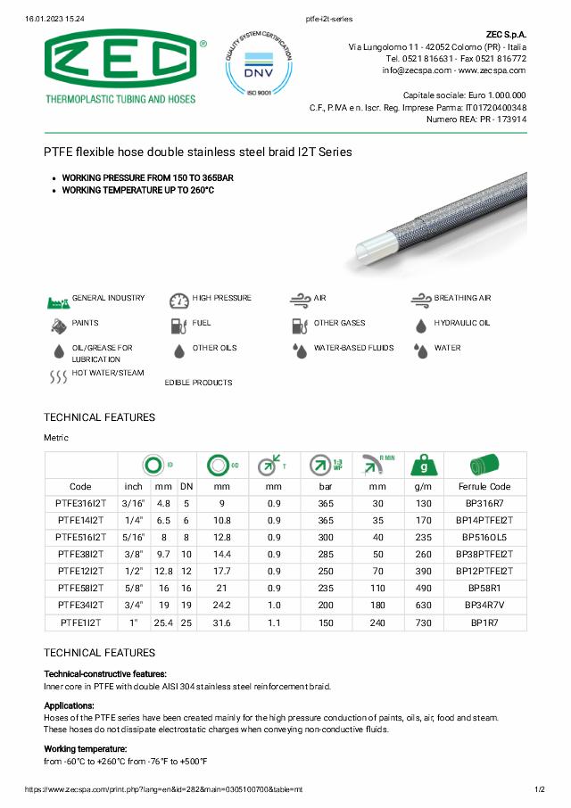 PTFE I2T Termoplastslange 