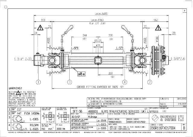 S6 Standard PTO Aksel 1160mm - 1 3/4 Z20 Gaffel med kilebolt x 1 3/8 Z6 FV34 - Friktionskobling (justerbar) med kilebolt