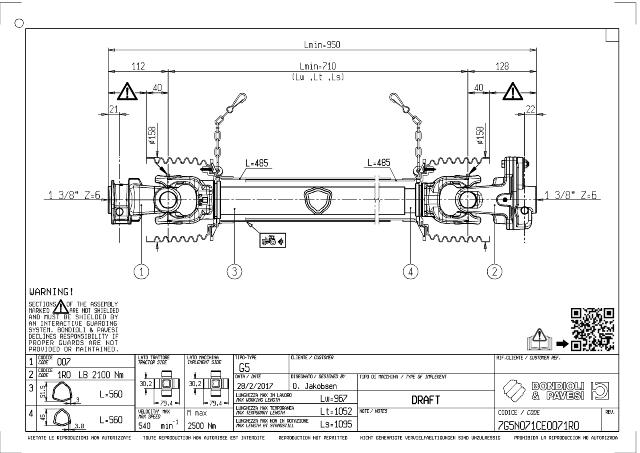 G5 Standard PTO Aksel 710mm - 1 3/8 Z6 Gaffel med snaplås x 1 3/8 Z6 LB - Boltekobling med kilebolt