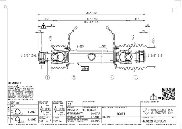 G5 Standard PTO Aksel 1210mm - 1 3/8 Z6 Gaffel med snaplås x 1 3/8 Z6 Gaffel med snaplås