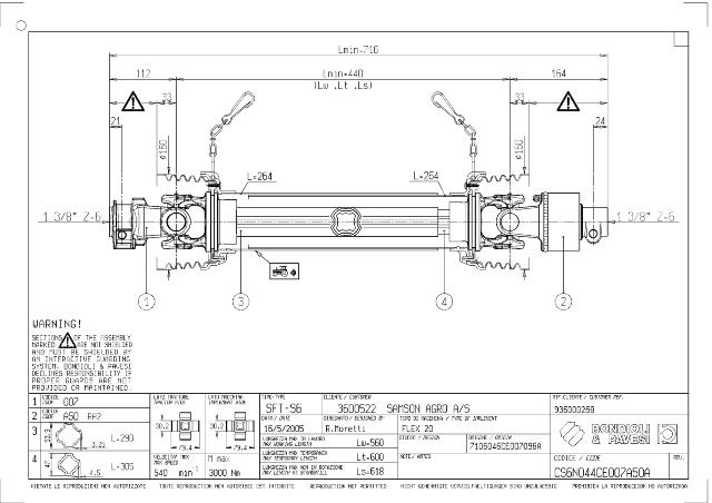 S6 Standard PTO Aksel 440mm - 1 3/8 Z6 Gaffel med snaplås x 1 3/8 Z6 RA2 DX - Friløbskobling (højre) med kilebolt