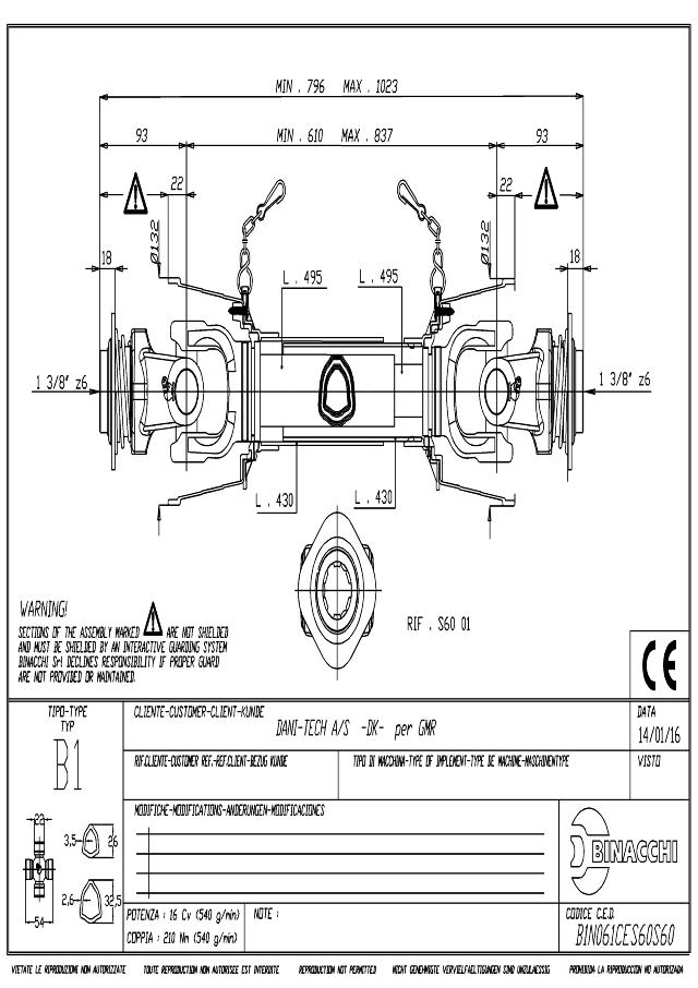 B1 Standard PTO Aksel 610mm - 1 3/8 Z6 Gaffel med kuglelås x 1 3/8 Z6 Gaffel med kuglelås