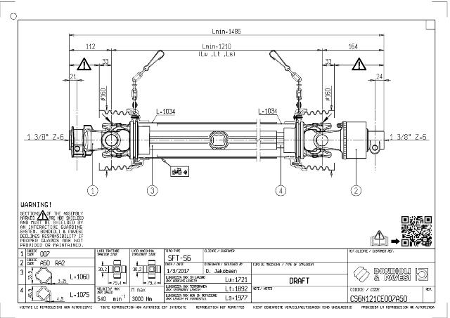S6 Standard PTO Aksel 1210mm - 1 3/8 Z6 Gaffel med snaplås x 1 3/8 Z6 RA2 DX - Friløbskobling (højre) med kilebolt