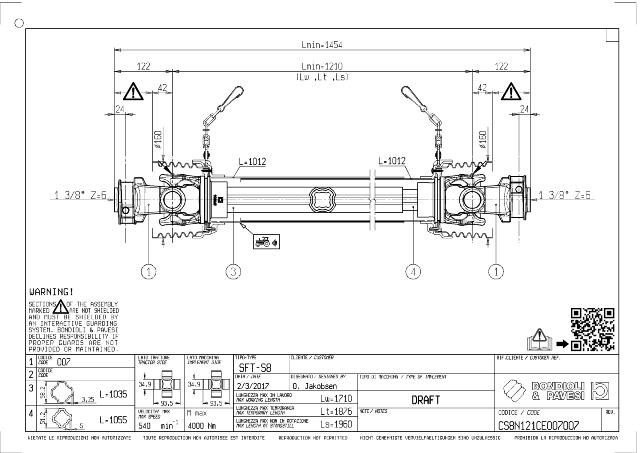 S8 Standard PTO Aksel 1210mm - 1 3/8 Z6 Gaffel med snaplås x 1 3/4 Z6 Gaffel med snaplås