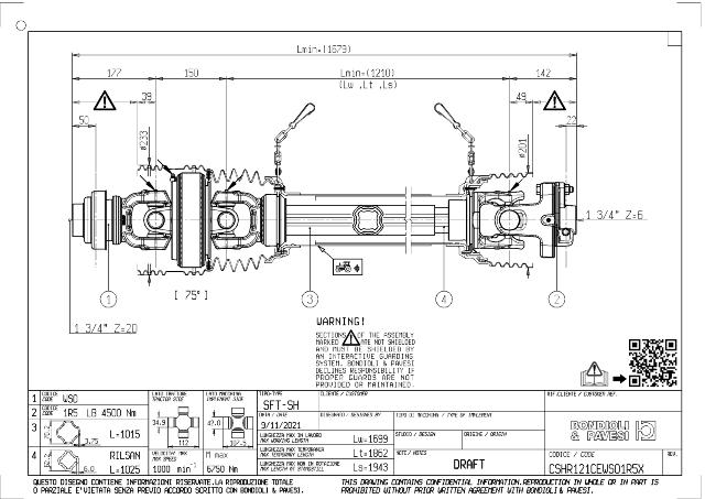 SH 75° Vidvinkel PTO Aksel 1210mm - 1 3/4 Z20 Gaffel med kuglelås x 1 3/4 Z6 LB - Boltekobling med kilebolt