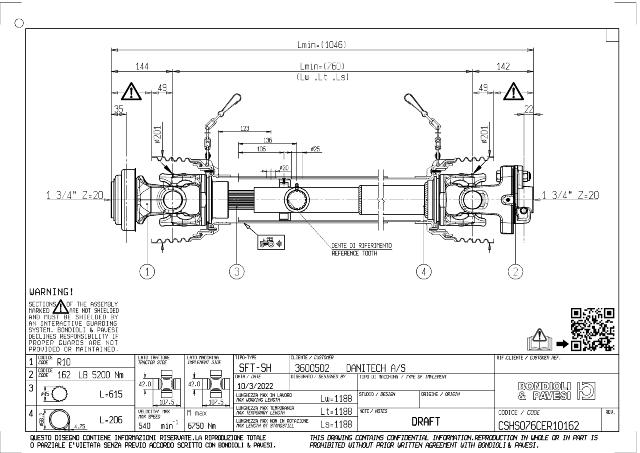 SH Standard PTO Aksel 760mm - 1 3/4 Z20 Gaffel med kuglelås x 1 3/4 Z20 LB - Boltekobling med kilebolt
