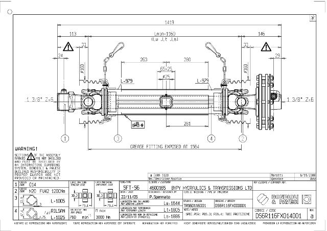 S6 Standard PTO Aksel 1160mm - 1 3/8 Z6 Gaffel med kilebolt x 1 3/8 Z6 FV42 - Friktionskobling (justerbar) med kilebolt