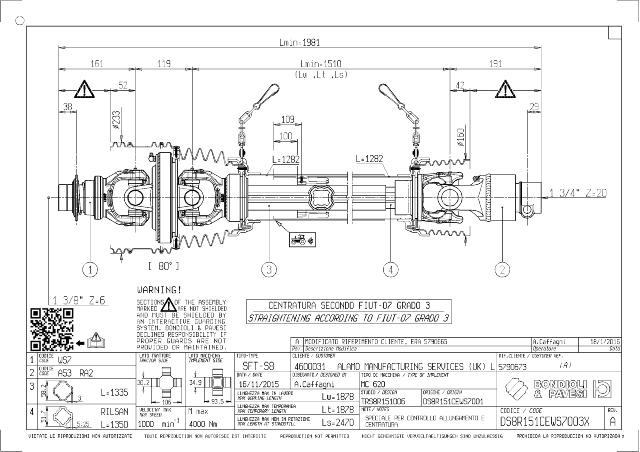 S8 80° Vidvinkel PTO Aksel 1510mm - 1 3/8 Z6 Gaffel med kuglelås x 1 3/4 Z20 RA2 DX - Friløbskobling (højre) med kilebolt